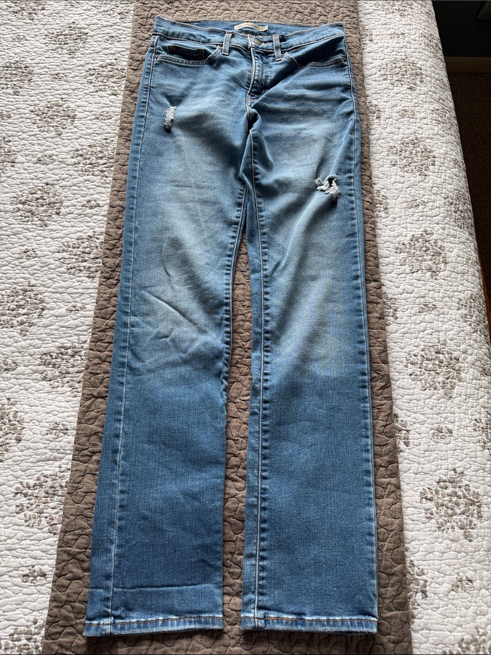 Levi's Light Blue 314 Shaping Straight aJeans with Distressed Knees